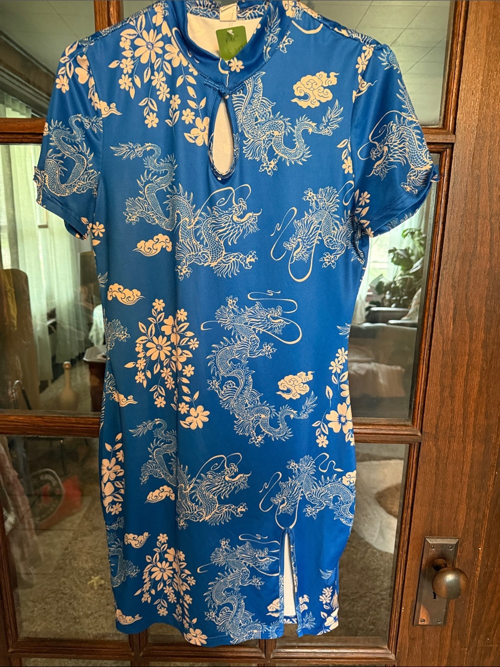 Blue Dragon Print Short Qipao Dress